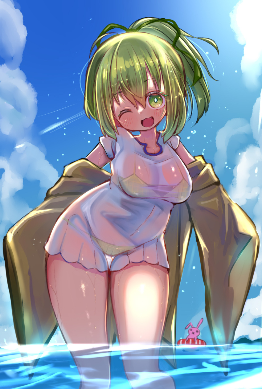1girl, blush, breasts, day, duel_monster, eyebrows_visible_through_hair, green_eyes, green_hair
