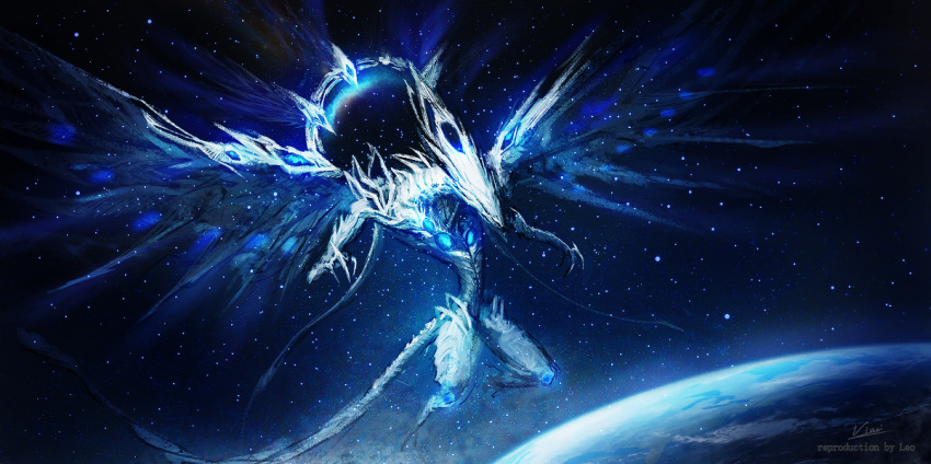 claws, deep-eyes_white_dragon, dragon, duel_monster, horns, monster, planet, sky