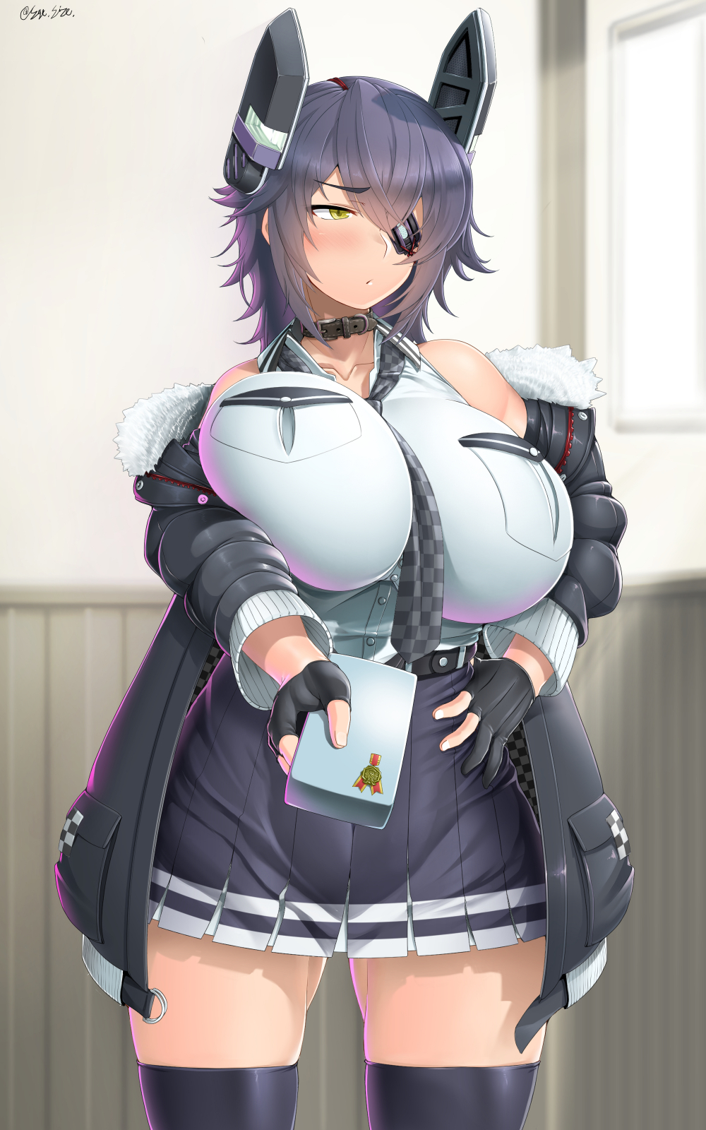 1girl, black_gloves, black_jacket, blush, breast_pocket, breasts, checkered_necktie, closed_mouth, collar, collarbone, eyepatch, fur_trim, gloves, headgear, highres, huge_breasts, indoors, jacket, kantai_collection, looking_at_viewer, medium_hair, necktie, open_clothes, open_jacket, partially_fingerless_gloves, pleated_skirt, pocket, purple_hair, saizu_nitou_gunsou, skirt, solo, striped, striped_skirt, tenryuu_(kancolle), tenryuu_kai_ni_(kancolle), thigh-highs, valentine, vest, white_vest, yellow_eyes