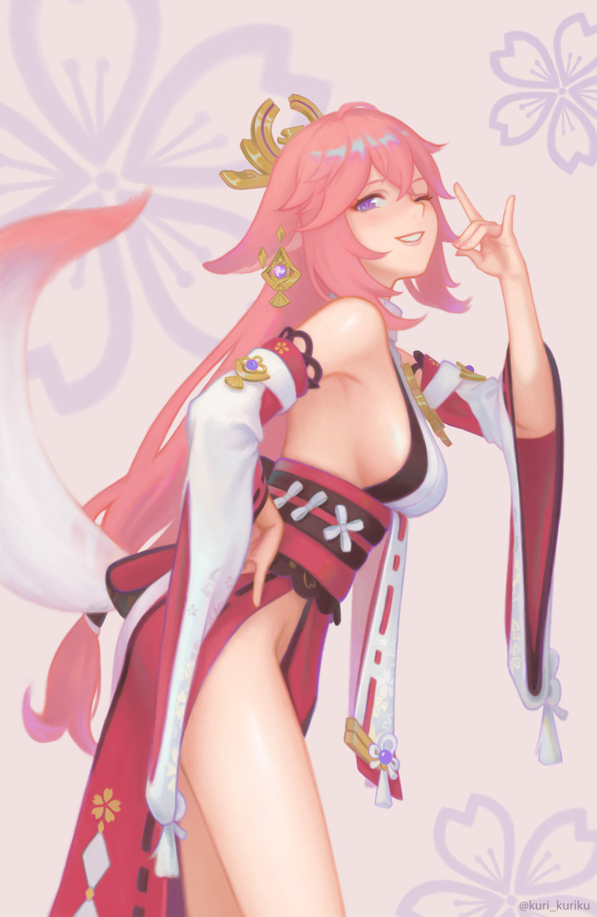 1girl, animal_ears, bare_shoulders, breasts, cherry_blossoms, commentary, cowboy_shot, detached_sleeves