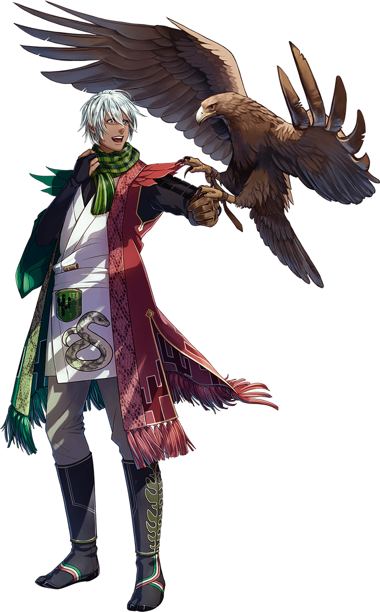 1boy, beige_pants, bird, black_footwear, blue_eyes, boots, cactus_print, check_commentary, commentary_request, dark_skin, eagle, falconry, falconry_glove, feathers, golden_eagle, green_scarf, guillermo_(world_flags), mexican_flag, mexico, open_mouth, scarf, snake, snake_print, tagme, transparent_background, white_hair, world_flags