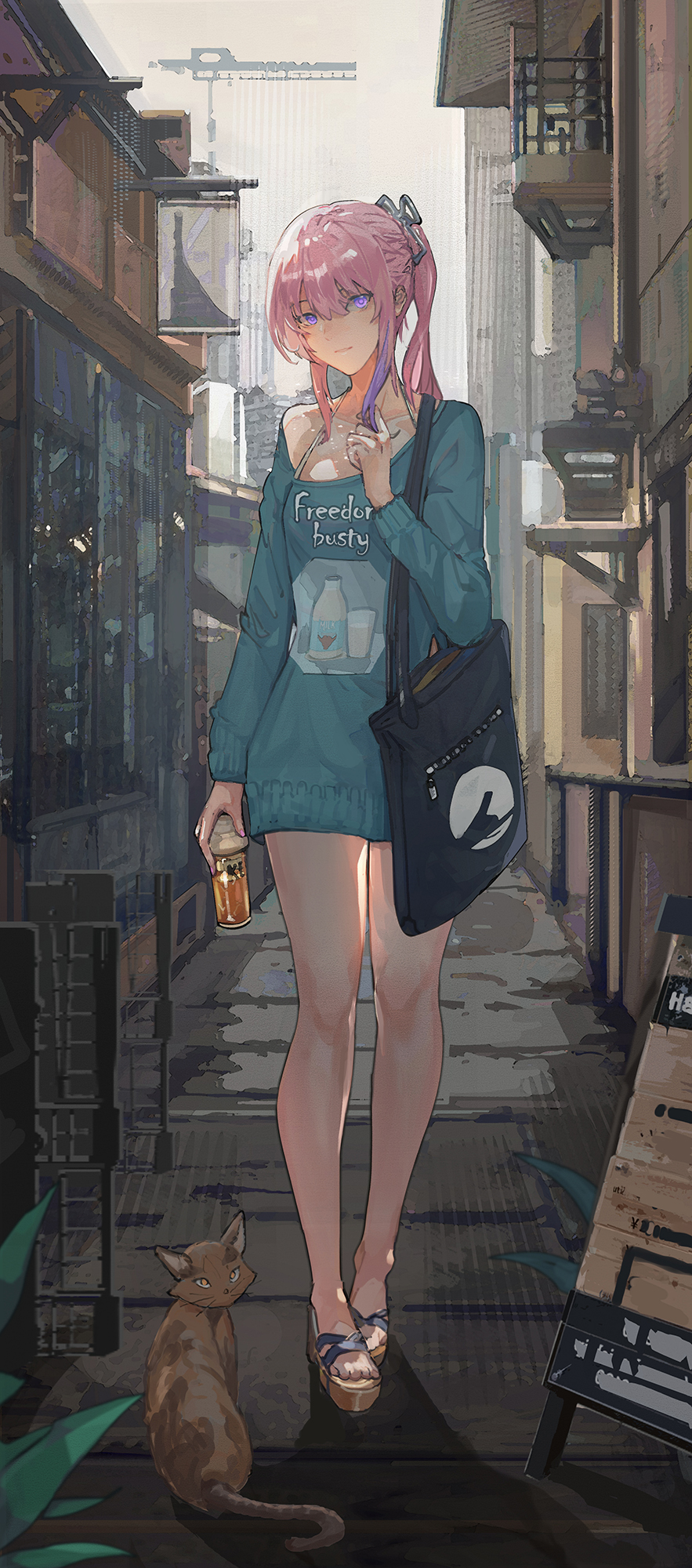 1girl, alternate_costume, bag, bangs, bare_legs, bottle, brown_cat, cat