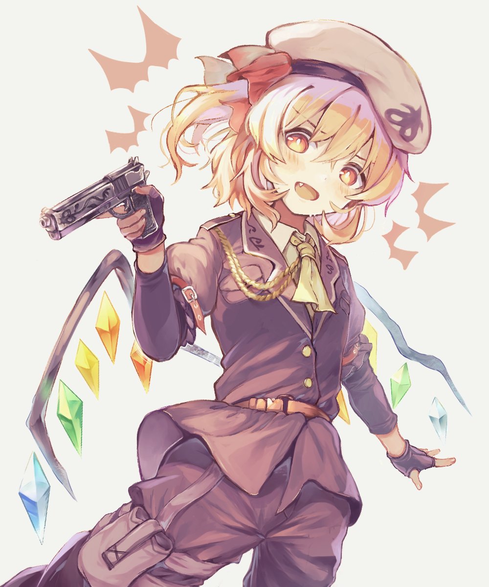 1girl, :d, alternate_costume, ascot, bangs, belt, black_gloves, blonde_hair, brown_jacket, collared_shirt, crystal, eyebrows_visible_through_hair, fang, fingerless_gloves, flandre_scarlet, gloves, gun, highres, holding, holding_gun, holding_weapon, jacket, long_sleeves, looking_at_viewer, one_side_up, open_mouth, red_eyes, sekisei_(superego51), shirt, short_hair, simple_background, smile, solo, touhou, weapon, white_background, white_shirt, wings, yellow_ascot