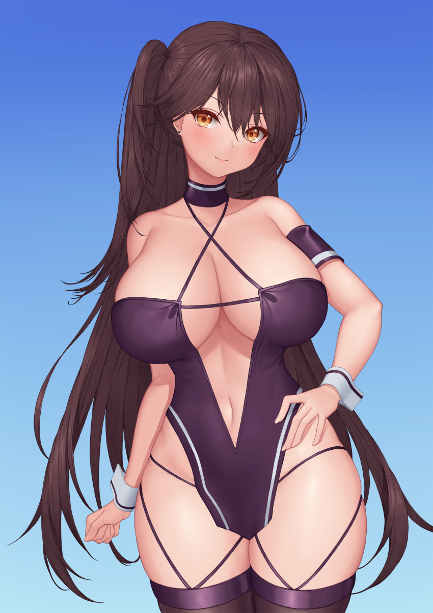 1girl, absurdres, azur_lane, bangs, black_legwear, blue_background, breasts, brown_hair, center_opening, clenched_hand, collarbone, cowboy_shot, criss-cross_halter, ear_piercing, eyebrows_visible_through_hair, fingernails, halterneck, hand_on_hip, highres, huge_breasts, long_hair, multicolored_clothes, multicolored_legwear, navel, one_side_up, orange_eyes, piercing, pinkcap, purple_legwear, racequeen, solo, thigh-highs, thighs, very_long_hair, wrist_cuffs, zuikaku_(azur_lane), zuikaku_(the_wind's_true_name)_(azur_lane)