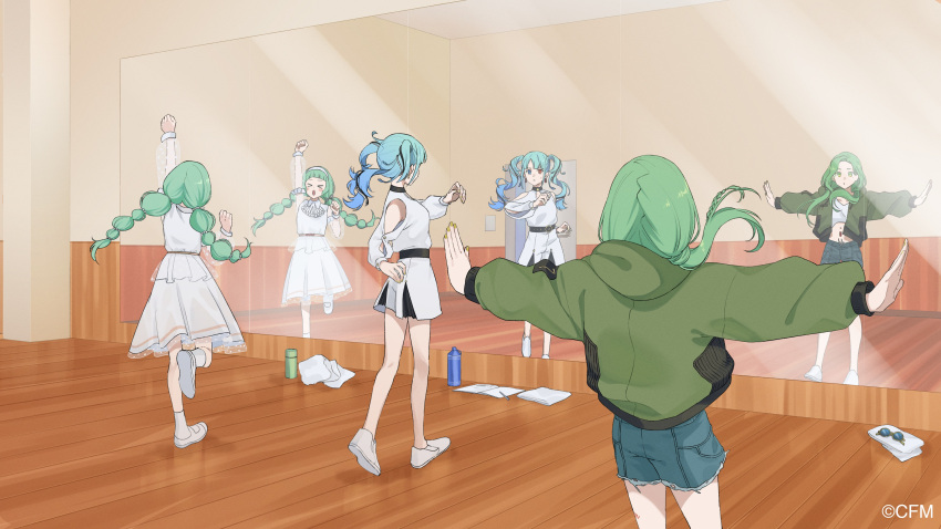 >_<, >o<, 3girls, absurdres, angel_hair_(vocaloid), aqua_hair, arm_up, belt