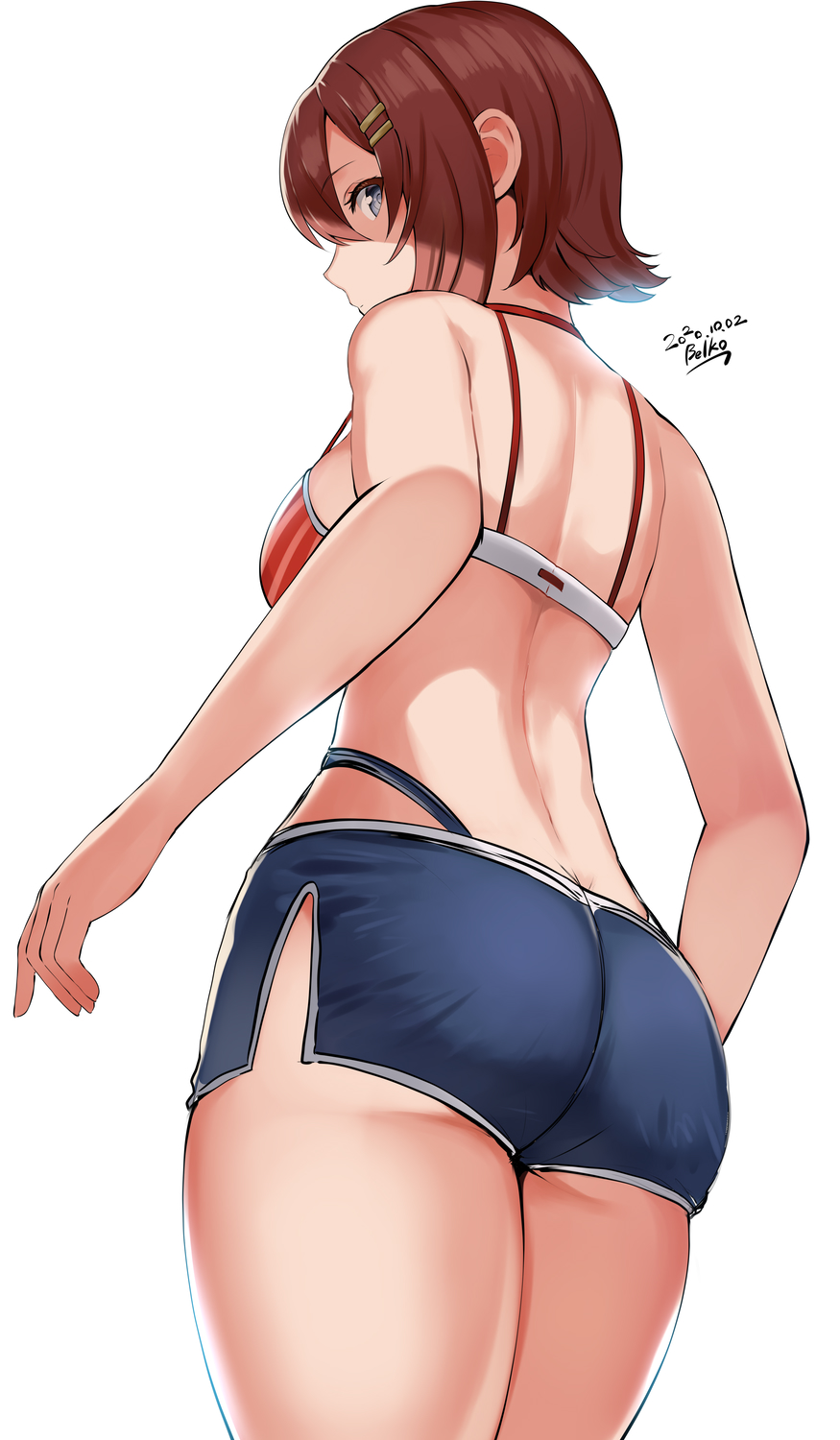 1girl, ao_no_kiseki, artist_name, ass, banned_artist, bare_shoulders, belko, bikini, blue_eyes, blue_shorts, breasts, brown_hair, cowboy_shot, dated, eiyuu_densetsu, from_behind, from_below, hair_ornament, hairclip, hajimari_no_kiseki, highres, looking_at_viewer, looking_back, medium_breasts, noel_seeker, red_bikini, short_hair, short_shorts, shorts, solo, striped, striped_bikini, swimsuit, thighs, zero_no_kiseki