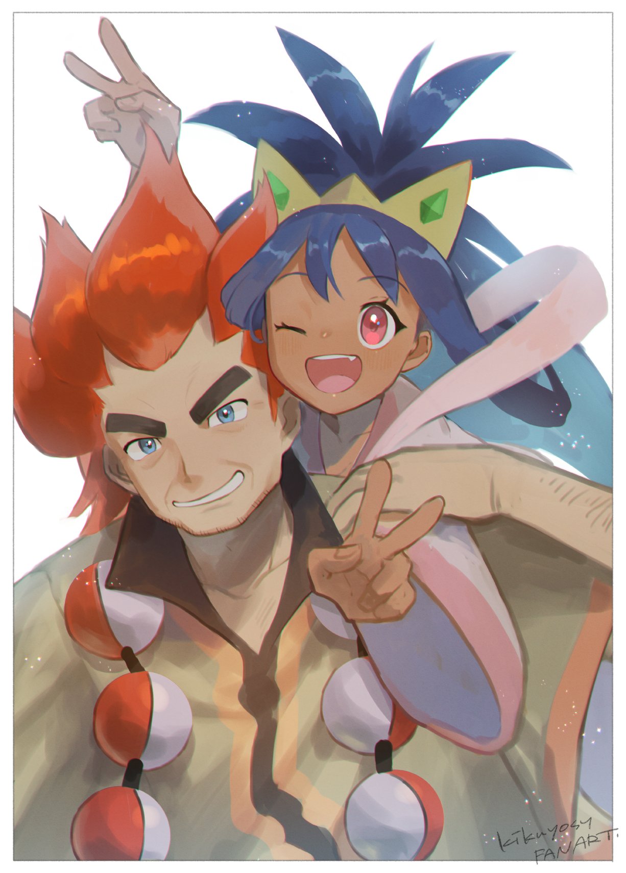 1boy, 1girl, ;d, alder_(pokemon), arm_up, artist_name, bangs, blue_eyes