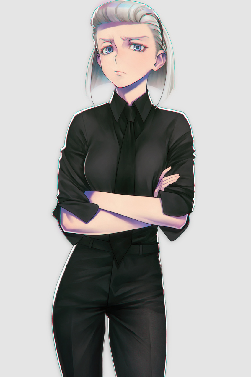 1girl, black_necktie, black_pants, black_shirt, blue_eyes, collared_shirt, crossed_arms, dress_shirt