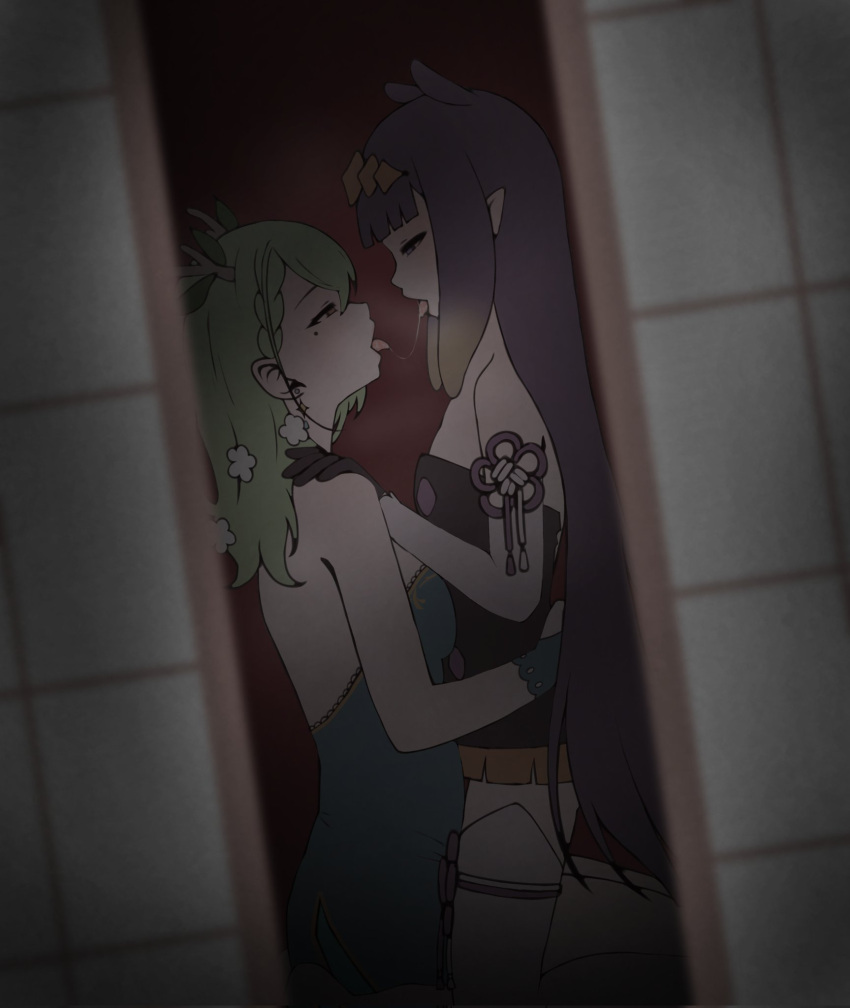 2girls, after_kiss, antlers, bangs, blunt_bangs, blush, braid, braided_bangs, branch, ceres_fauna, eyebrows_visible_through_hair, flower, gloves, green_hair, hair_flower, hair_ornament, highres, hikigaya_0926, hololive, hololive_english, long_hair, looking_at_another, multicolored_hair, multiple_girls, ninomae_ina'nis, open_mouth, pointy_ears, purple_hair, saliva, saliva_trail, tentacle_hair, tongue, tongue_out, virtual_youtuber, yellow_eyes, yuri