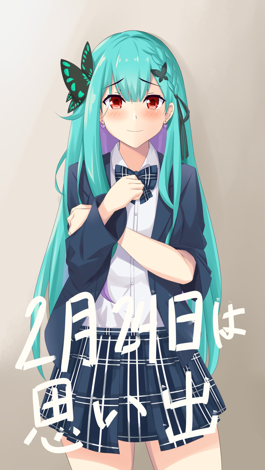 1girl, absurdres, aqua_hair, arcie_albano, bangs, blazer, blue_bow, blue_bowtie