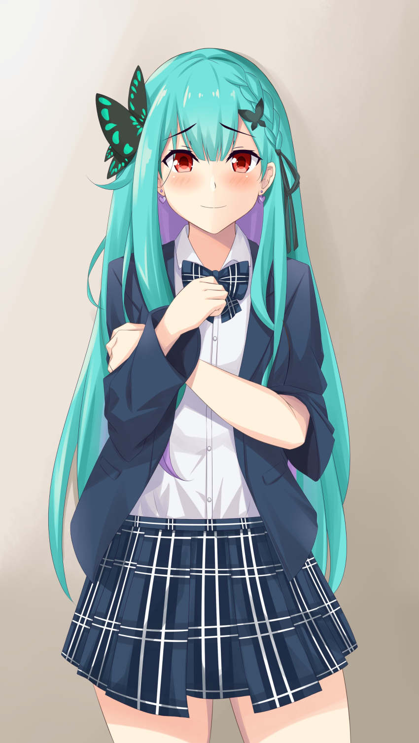 1girl, absurdres, aqua_hair, arcie_albano, bangs, blazer, blue_bow, blue_bowtie