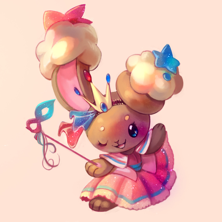 1girl, :3, absurdres, animal_ears, animal_feet, animal_hands, animal_nose, barefoot, blank_eyes, blue_eyes, blush, body_fur, brown_fur, buneary, child, clothed_pokemon, clothes_lift, commentary, crown, curtsey, dress, dress_lift, english_commentary, flat_chest, full_body, furry, furry_female, gem, hair_ornament, happy, highres, holding, holding_mask, koriarredondo, lifted_by_self, light_blush, mask, masquerade_mask, mini_crown, one_eye_closed, open_mouth, pink_background, pink_dress, pokemon, pokemon_(creature), rabbit_ears, rabbit_girl, simple_background, smile, solo, standing, star_(symbol), star_hair_ornament, yellow_headwear