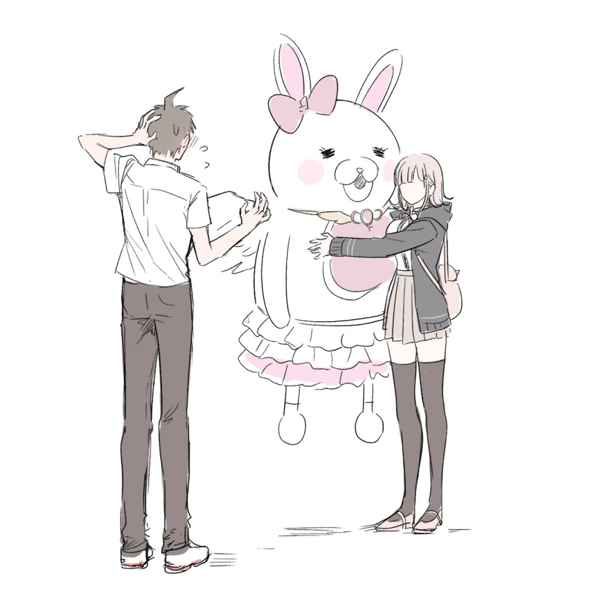 16_(0xhsk16), 1boy, 1girl, ahoge, animal_bag, backpack, bag, bangs