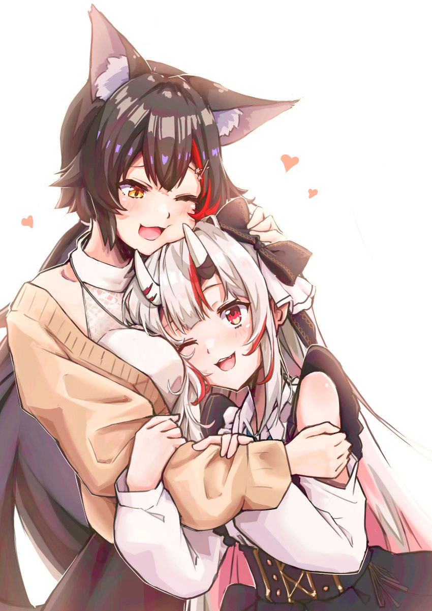 2girls, ;d, absurdres, animal_ear_fluff, animal_ears, bangs, black_hair, black_ribbon, black_skirt, blush, breasts, brown_cardigan, cardigan, commentary_request, hair_ornament, hair_ribbon, hand_on_another's_head, heart, highres, hololive, horns, hug, long_hair, long_sleeves, looking_at_another, mooninkyuu, multicolored_hair, multiple_girls, nakiri_ayame, one_eye_closed, oni_horns, ookami_mio, open_cardigan, open_clothes, red_eyes, redhead, ribbon, shirt, silver_hair, simple_background, skirt, smile, streaked_hair, virtual_youtuber, white_background, white_shirt, wolf_ears, x_hair_ornament, yellow_eyes, yuri