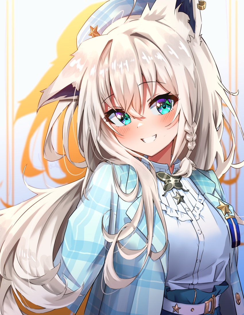 1girl, absurdres, animal_ears, bangs, blue_eyes, blue_headwear, blue_jacket, blush