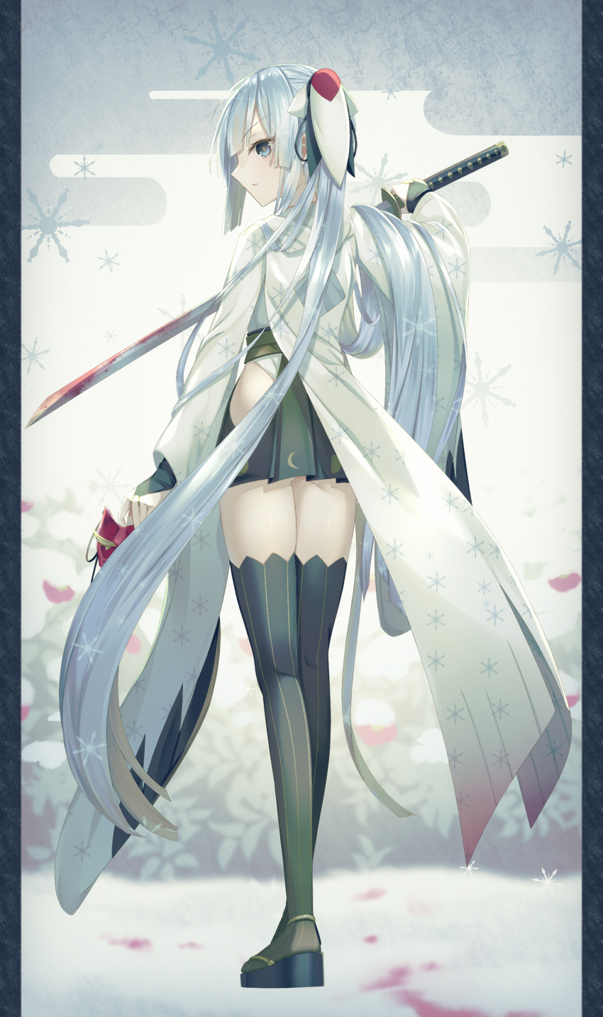 absurdres, black_legwear, black_skirt, blood, blood_on_ground, blood_on_snow, blood_on_weapon, blue_eyes
