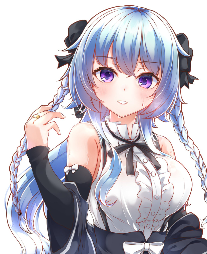 1girl, armpit_crease, assault_lily, bangs, bare_shoulders, black_bow, black_ribbon, black_skirt