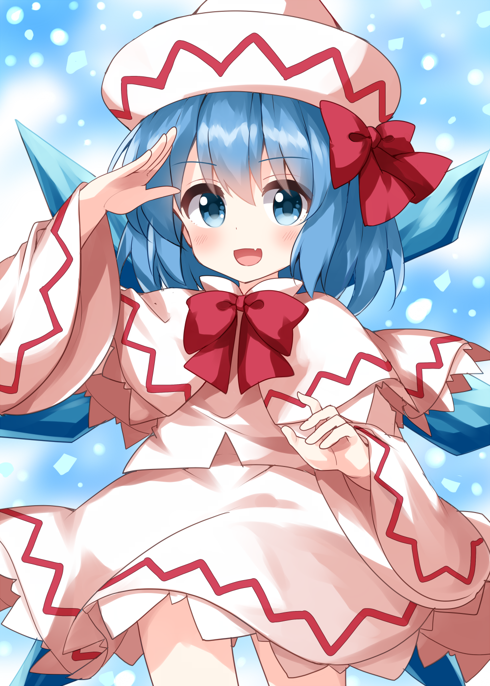 1girl, blue_eyes, blue_hair, blush, capelet, cirno, cosplay, cowboy_shot