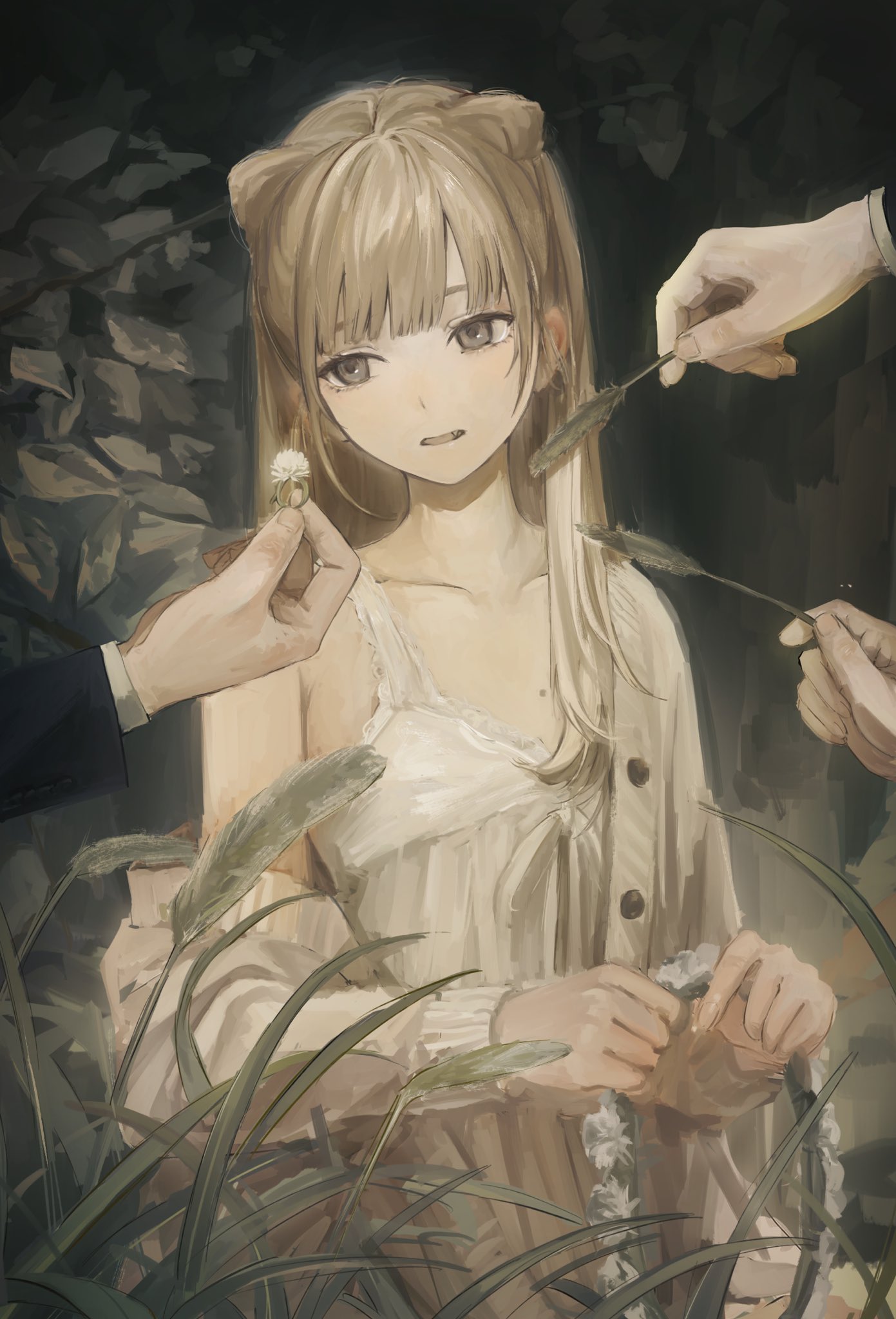 1girl, bangs, beige_cardigan, blunt_bangs, brown_eyes, cardigan, collarbone, commentary