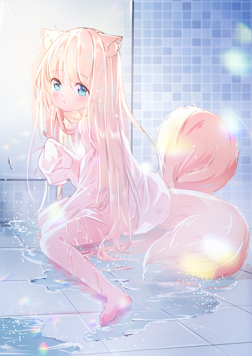 1girl, :o, absurdres, animal_ear_fluff, animal_ears, bangs, bare_shoulders, barefoot