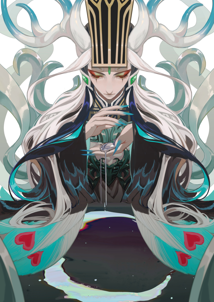 1boy, absurdres, androgynous, black_hair, blue_hair, blue_nails, burusiji, chinese_clothes
