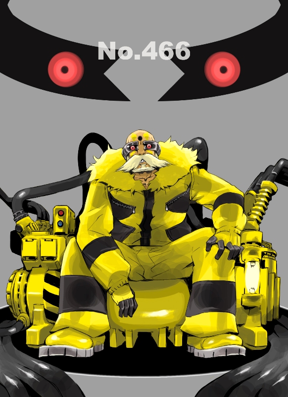 beard, cable, electivire, facial_hair, facial_mark, forehead_mark, generator, gloves, ishinarimaru_shouten, jacket, male, moemon, mustache, personification, pokemon, red_eyes, sitting, sunglasses