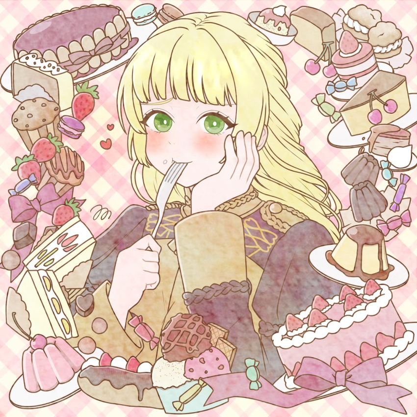 1girl, bow, cake, candy, cherry, cupcake, eating, eclair_(food)