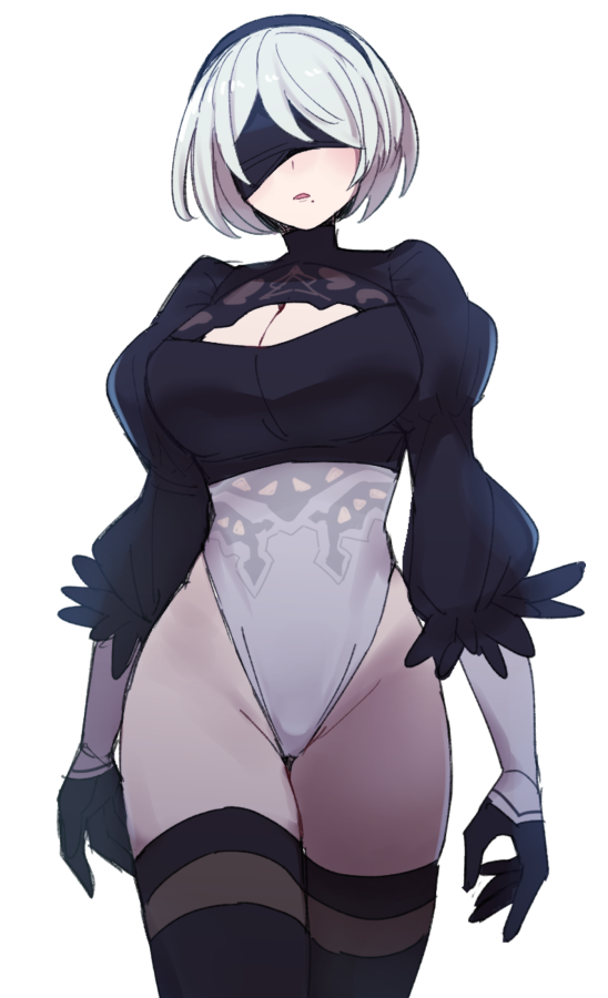 1girl, black_blindfold, black_hairband, black_legwear, blindfold, boots, breasts, cleavage_cutout