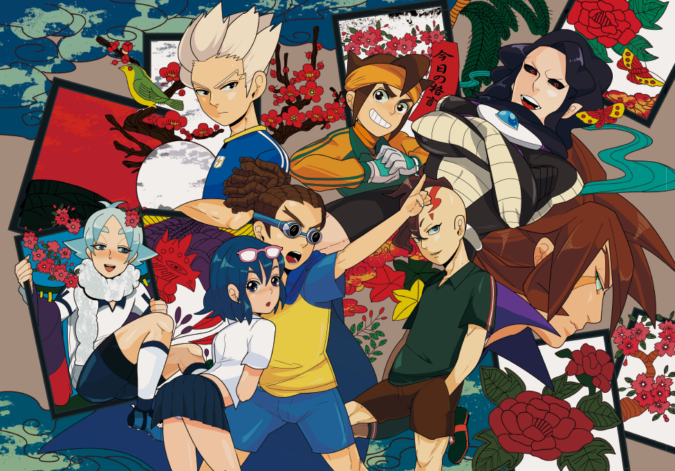 dezarm, endou_mamoru, flower, fubuki_shirou, fudou_akio, genda_koujirou, glasses, goggles