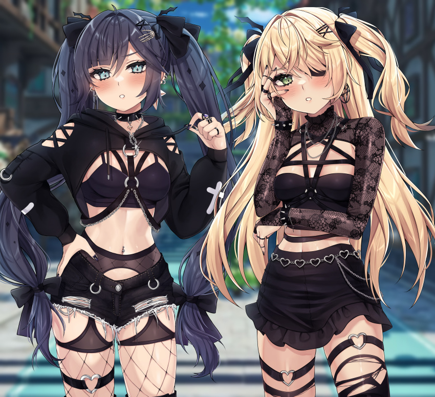 2girls, absurdres, alternate_costume, aqua_eyes, bangs, black_legwear, black_nails, black_ribbon