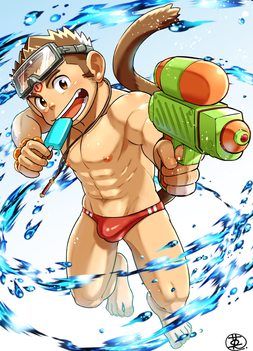 1boy, abs, bare_pectorals, commentary_request, ei_(marutendon), food, highres, holding