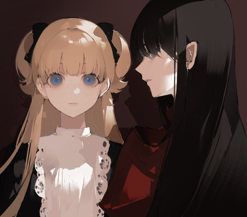 2girls, :|, apron, bangs, black_eyes, black_hair, blonde_hair, blue_eyes