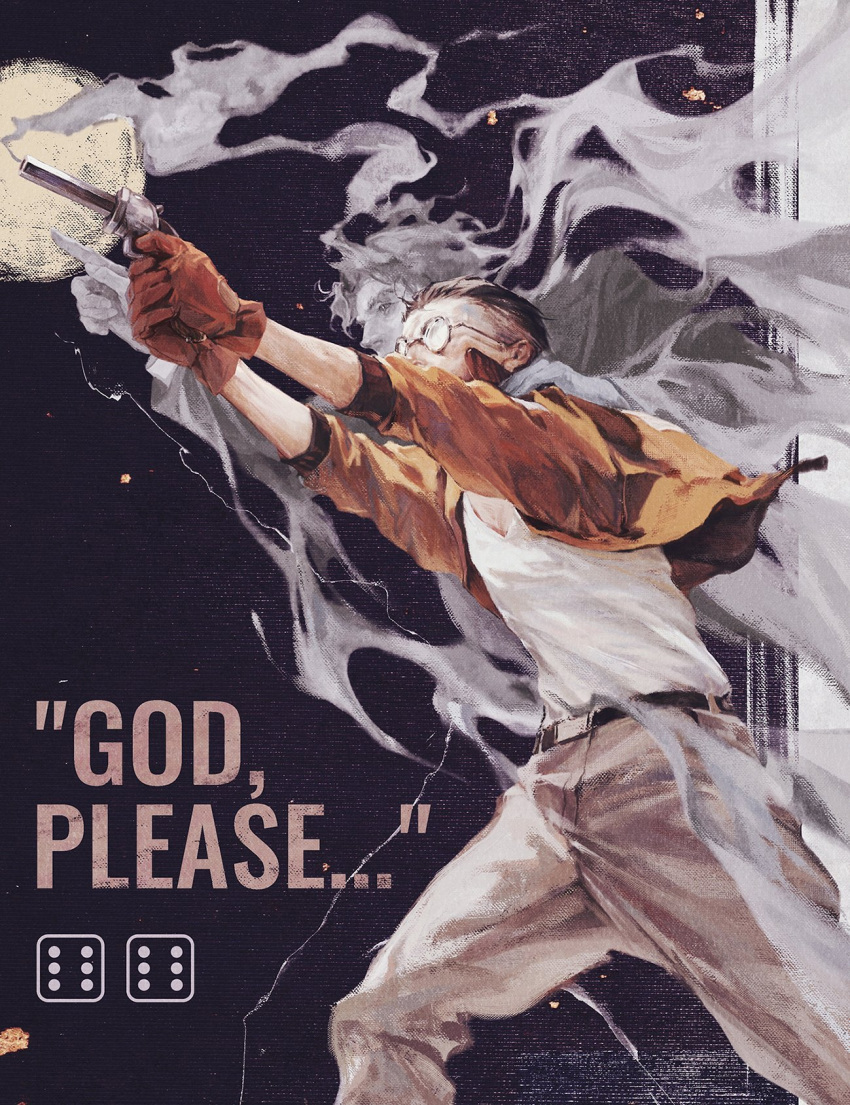 2boys, aiming, belt, bomber_jacket, chanasykine, dice, disco_elysium, eyes_(disco_elysium), from_below, ghost, gloves, grey_pants, gun, hair_slicked_back, hand_on_another's_shoulder, highres, jacket, kim_kitsuragi, male_focus, multiple_boys, orange_jacket, pants, pointing, revolver, round_eyewear, shirt, spread_legs, weapon, white_shirt, wind, wind_lift