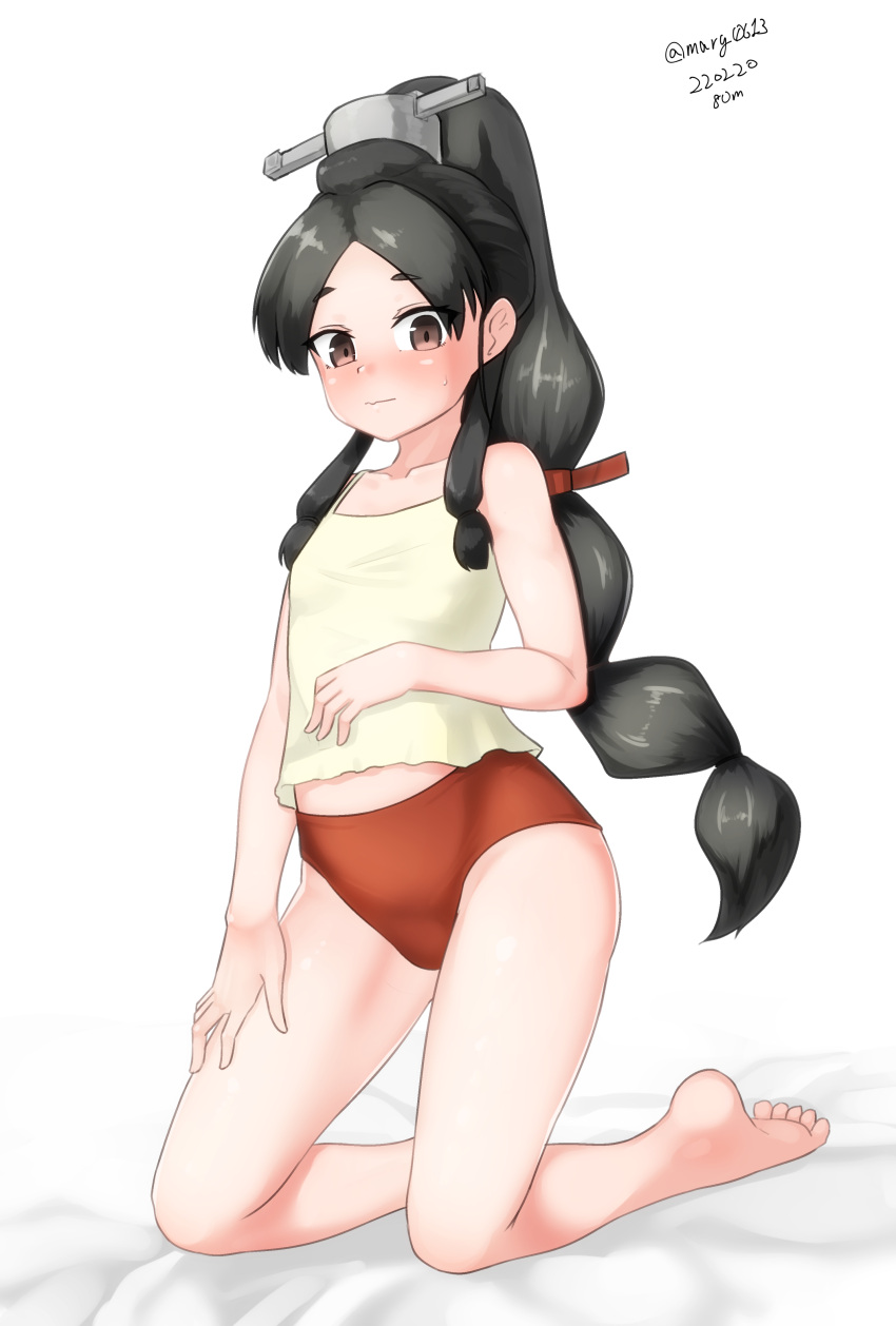 1girl, absurdres, alternate_costume, barefoot, black_hair, brown_eyes, buruma, camisole, hair_tie, headgear, high_ponytail, highres, kantai_collection, kneeling, long_hair, looking_at_viewer, maru_(marg0613), multi-tied_hair, nisshin_(kancolle), red_buruma, red_ribbon, ribbon, short_eyebrows, solo, thick_eyebrows, very_long_hair, white_camisole