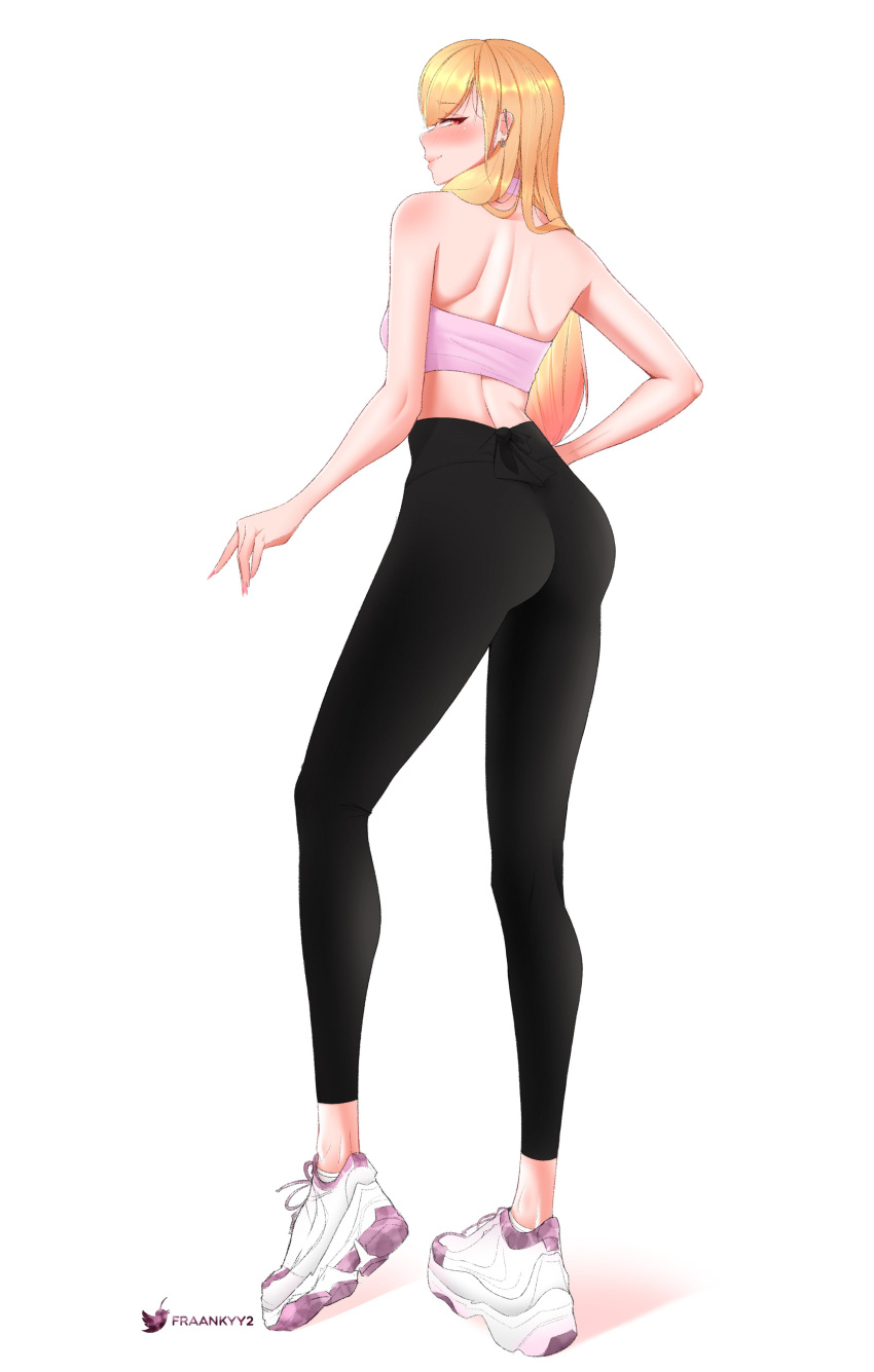 absurdres, black_pants, blonde_hair, blush, bra, fraankyy, full_body, hand_on_hip, highres, kitagawa_marin, lips, looking_at_viewer, looking_back, pants, shoes, sidelocks, skin_tight, smile, sneakers, sono_bisque_doll_wa_koi_wo_suru, sports_bra, sportswear, standing, tall, thick_thighs, thighs, tight, underwear, unfinished, white_footwear, yoga_pants