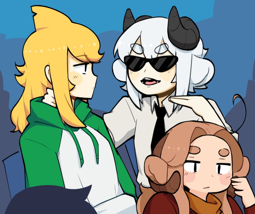 3girls, blonde_hair, bro_explaining_(meme), brown_hair, closed_mouth, d-floe, eyebrows_visible_through_hair, green_hoodie, head_fins, highres, hood, hoodie, horns, long_hair, long_sleeves, looking_at_another, looking_away, meme, multicolored_clothes, multicolored_hoodie, multiple_girls, open_mouth, original, shark_girl, short_hair, sitting, sunglasses, thick_eyebrows, white_hair, white_hoodie