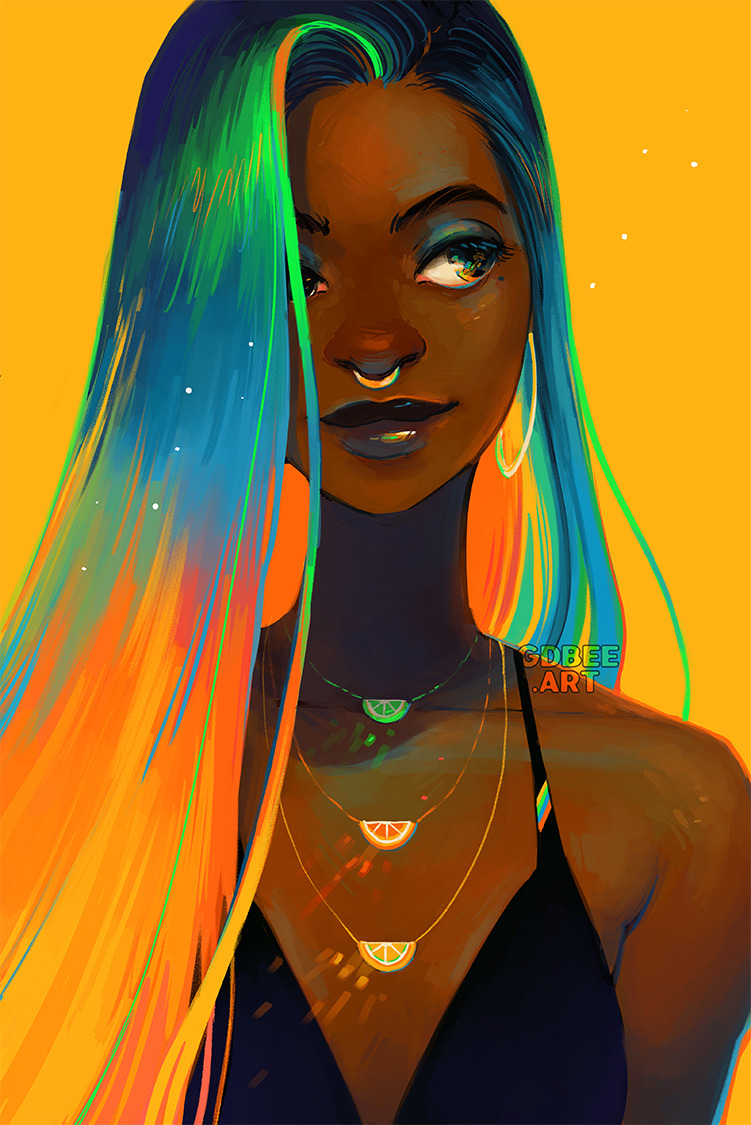 1girl, artist_name, blue_eyeshadow, blue_hair, breasts, closed_mouth, commentary, dark-skinned_female