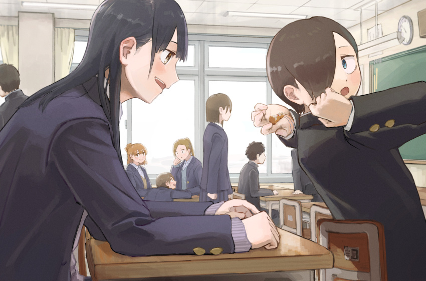 black_hair, blue_eyes, boku_no_kokoro_no_yabai_yatsu, brown_eyes, brown_hair, desk, highres, ichikawa_kyoutarou