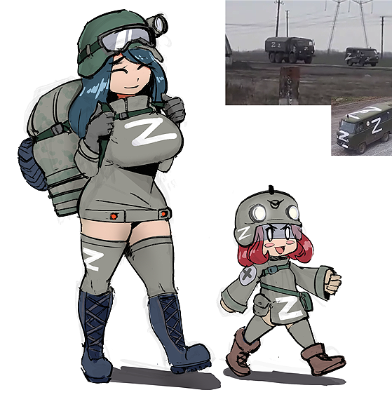 0_0, 2girls, artist_request, backpack, bag, blue_footwear, blue_hair, blush, blush_stickers, boots, breasts, brown_footwear, closed_eyes, closed_mouth, eyebrows_visible_through_hair, gloves, green_headwear, grey_gloves, grey_headwear, headlight, helmet, large_breasts, logo, looking_away, military, military_uniform, multiple_girls, open_mouth, personification, real_life, redhead, simple_background, small_breasts, smile, source_request, thigh-highs, tire, uaz_452, uniform, ural_4320, visor, walking, white_background, zettai_ryouiki