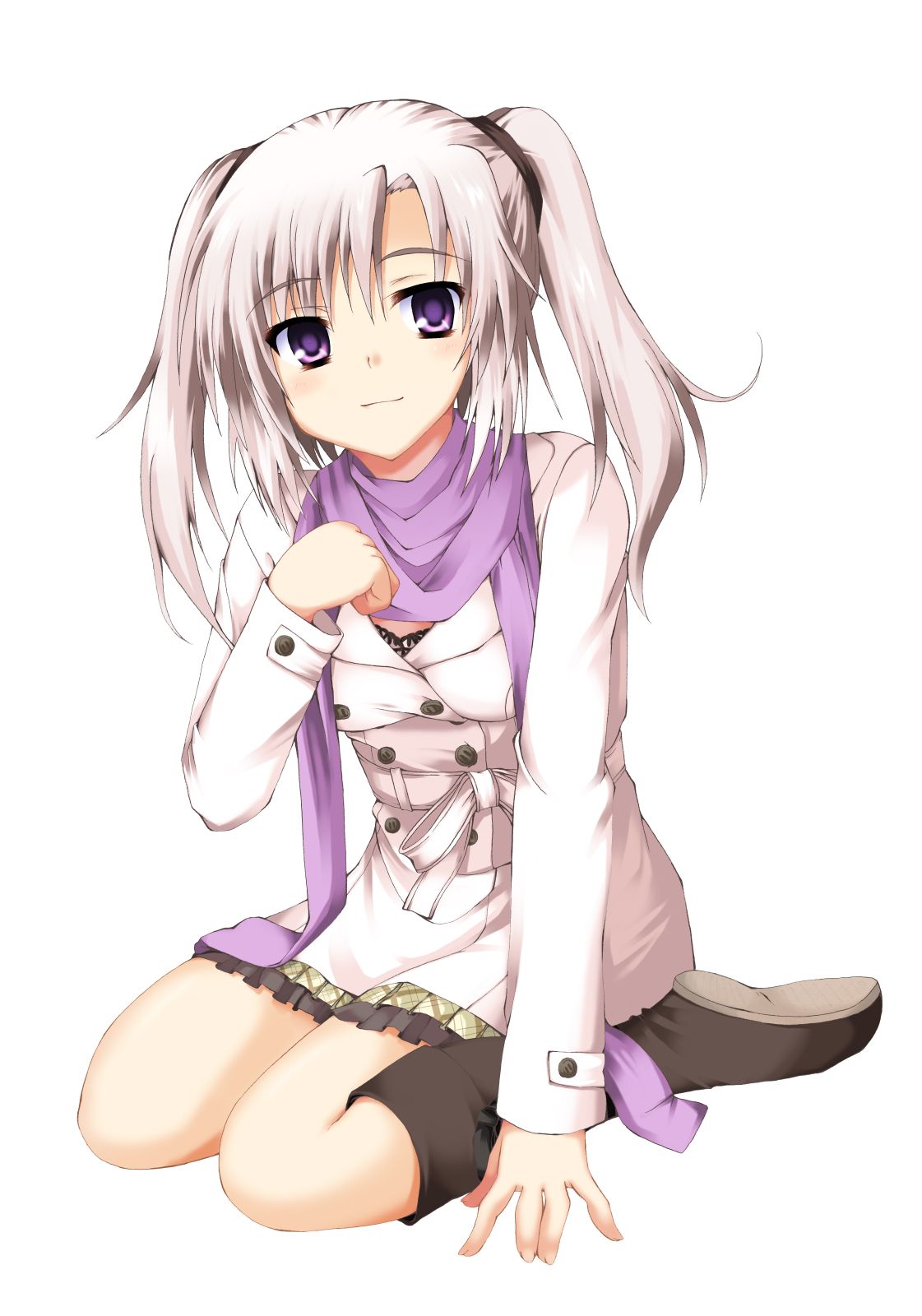 boots, frills, g-senjou_no_maou, highres, knee_boots, kneeling, purple_eyes, scarf
