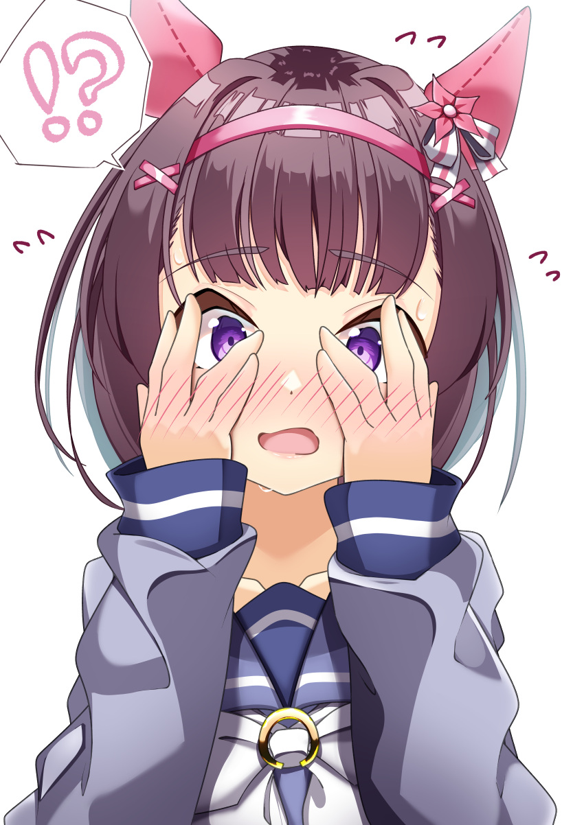 !?, 1girl, absurdres, animal_ears, bangs, blue_shirt, blush, blush_visible_through_hands