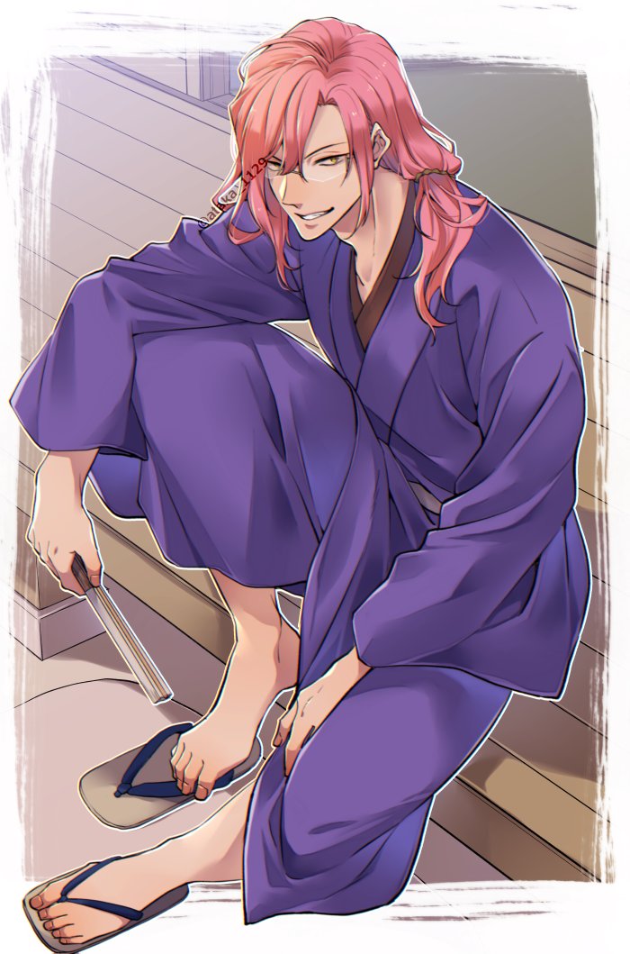 1boy, ataka_takeru, blue_kimono, cherry_blossom_(sk8), folding_fan, glasses, hand_fan, japanese_clothes, kimono, long_hair, male_focus, pink_hair, sandals, sk8_the_infinity, smile