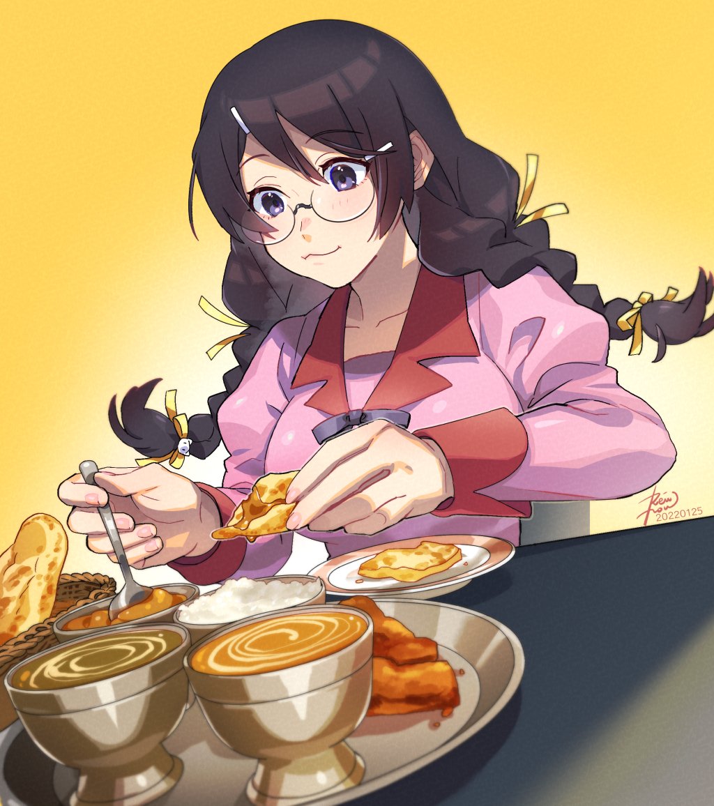 bakemonogatari, blush, braid, bread, breasts, commentary, curry, eating