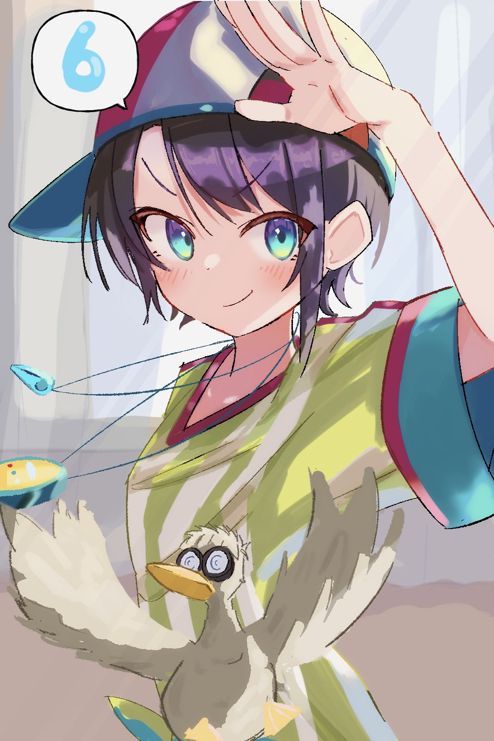 1girl, arm_up, backwards_hat, bangs, baseball_cap, bird, black_hair, blush