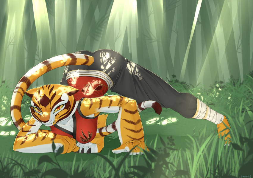 1girl, animal_ears, animal_nose, ankle_wrap, arm_support, artist_name, bamboo, bamboo_forest