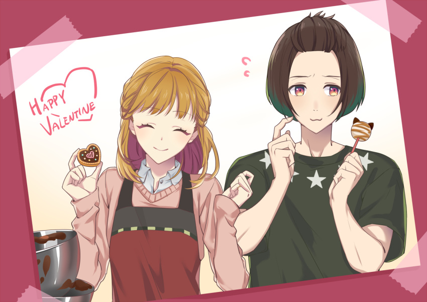 1boy, 1girl, :3, apron, bangs, blonde_hair, braid, brown_hair
