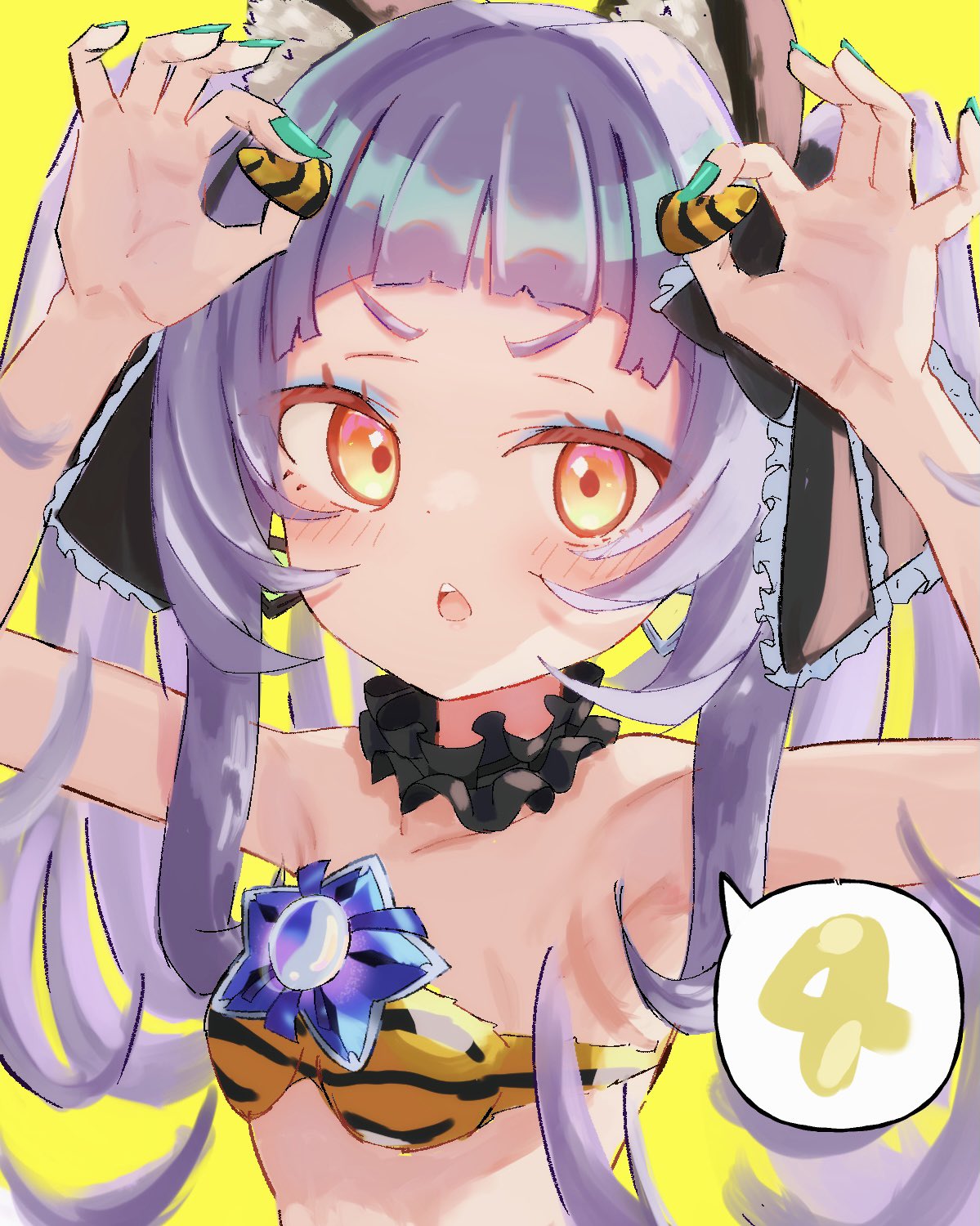 1girl, alternate_costume, animal_ear_fluff, animal_ears, animal_print, aqua_nails, armpits, bangs