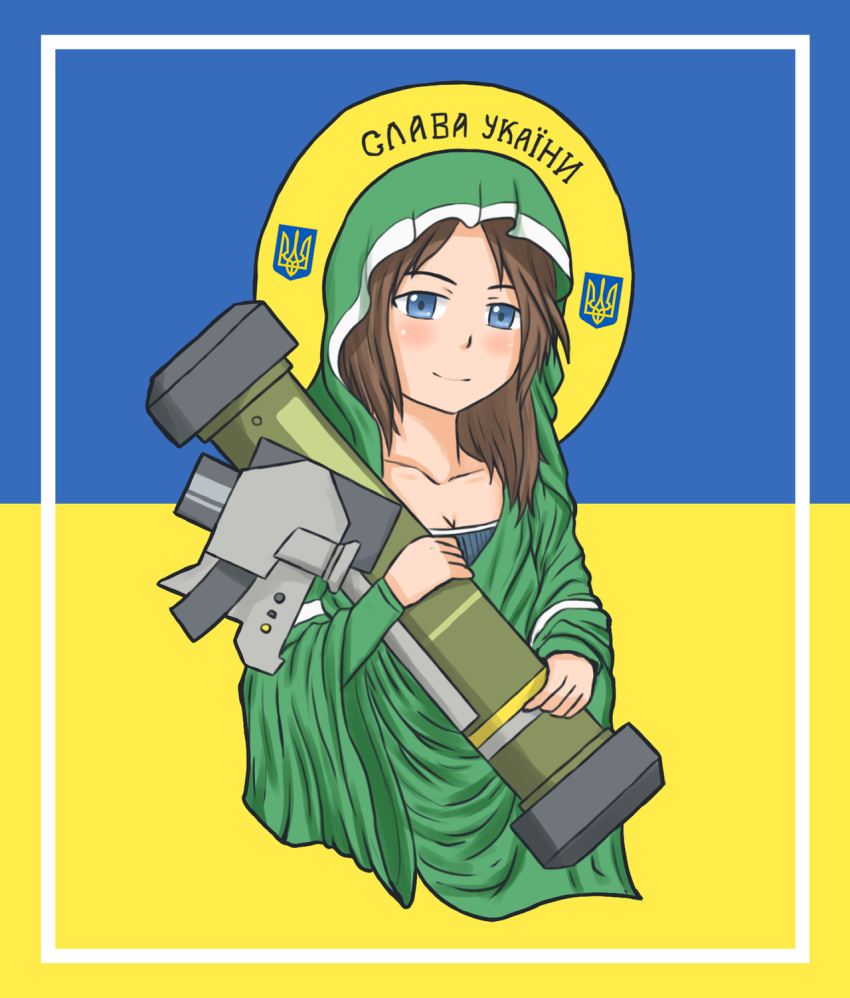 1girl, blue_eyes, brown_hair, coat_of_arms, cyrillic, green_robe, green_shawl, grzegorz1996