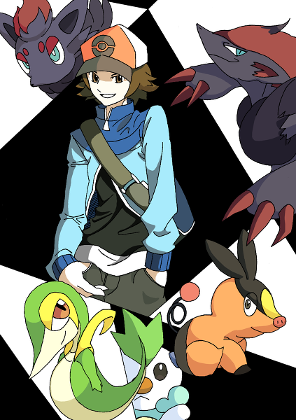 1boy, hat, ndkazh, nintendo, oshawott, pokemon, pokemon_(creature), pokemon_black_and_white, snivy, tepig, touya_(pokemon), zoroark, zorua