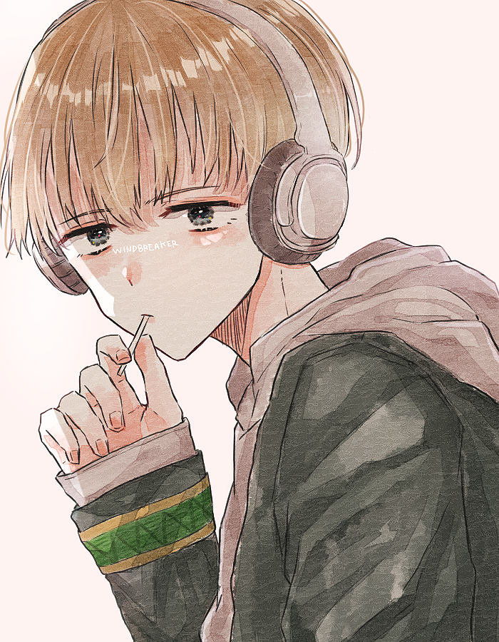 1boy, bangs, copyright_name, eating, hand_up, headphones, hood, hood_down